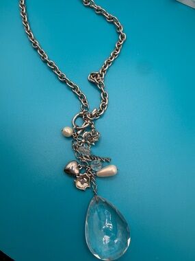 Silver-Tone Pendant Necklace with Clear Teardrop and Pearl Charms